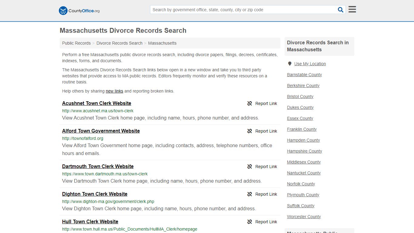 Massachusetts Divorce Records Search - County Office